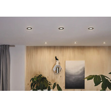 Moderne woonkamer met ronde inbouwspots in het plafond boven een houten wand met decoratie en kamerplanten. Helder en georganiseerd.