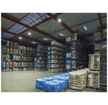 Groot georganiseerd industrieel magazijn met hoge metalen stellingen, kartonnen dozen en goederen op pallets onder felle verlichting.