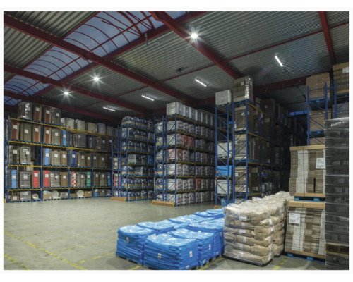 Groot georganiseerd industrieel magazijn met hoge metalen stellingen, kartonnen dozen en goederen op pallets onder felle verlichting.