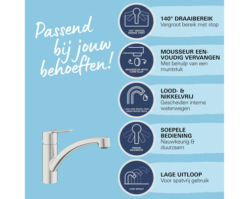 Keukenkraan kenmerken: draaibereik 140 graden, perlator eenvoudig vervangen, lood- en nikkelvrij, soepele bediening en lage uitloop.