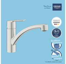GROHE Logo. Eenhendel keukenmengkraan met gebogen uitloop, ontwikkeld in Duitsland, 5 plus 1 jaar verlengde garantie, QuickMount en QuickTool.