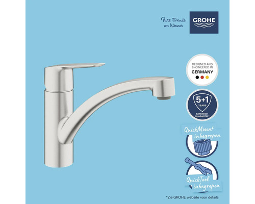 GROHE Logo. Eenhendel keukenmengkraan met gebogen uitloop, ontwikkeld in Duitsland, 5 plus 1 jaar verlengde garantie, QuickMount en QuickTool.