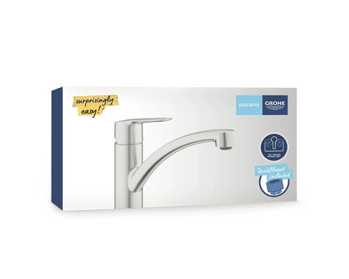 Productverpakking van een Grohe keukenkraan met QuickFix systeem en 140 graden draaibereik.