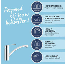 Infographic voor kraan met 140 graden draaibereik, eenvoudige mousseurwissel, loodvrije en nikkelvrije waterwegen, soepele bediening en lage uitloop.