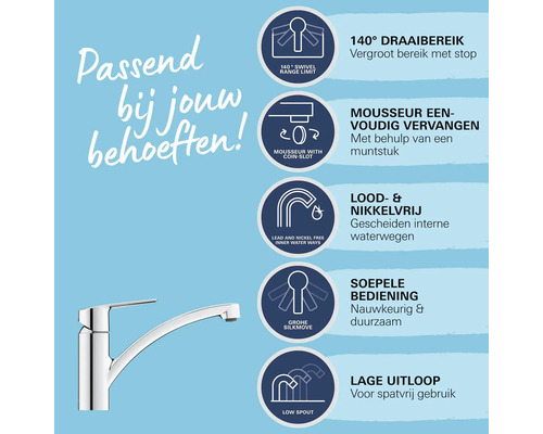 Infographic voor kraan met 140 graden draaibereik, eenvoudige mousseurwissel, loodvrije en nikkelvrije waterwegen, soepele bediening en lage uitloop.