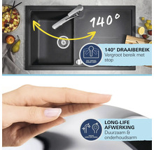 Keukenspoelbak met kraan, 140 graden draaibereik met stop, duurzame afwerking en Grohe Logo.