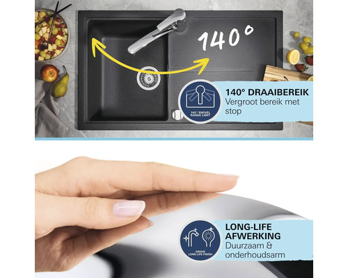 Keukenspoelbak met kraan, 140 graden draaibereik met stop, duurzame afwerking en Grohe Logo.