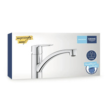 Grohe keukenkraan verpakking met eenhendelmengkraan, 140 graden draaibereikbegrenzing en QuickMount bevestigingssysteem.