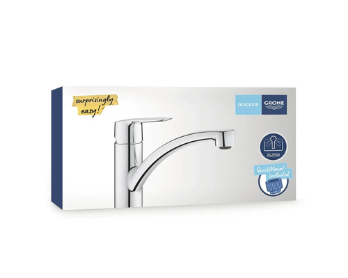 Grohe keukenkraan verpakking met eenhendelmengkraan, 140 graden draaibereikbegrenzing en QuickMount bevestigingssysteem.