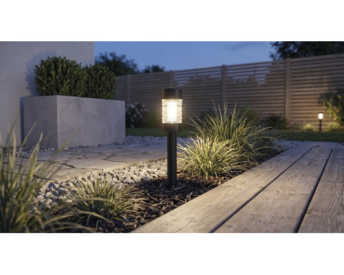 Solar tuinverlichting in een perk met boomschors naast een houten vlonder en een stenen pad in de avond.