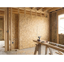 Lichte ruwbouw met OSB-platen op houten regelwerk, isolatie en een georganiseerde werkbank met boormachine, hamer en waterpas.