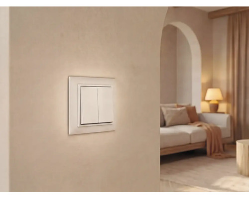 Dubbele wipschakelaar op een lichte muur in een modern ingerichte woonkamer met bank en lamp.