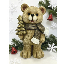 Decoratieve kerstfiguur beer met sjaal en kleine kerstboom met ster.