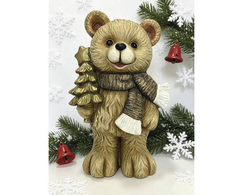 Decoratieve kerstfiguur beer met sjaal en kleine kerstboom met ster.