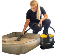 Een vrouw reinigt een grijze hondenmand met een draagbare Powerplus vlekkenreiniger en bekledingsreiniger.
