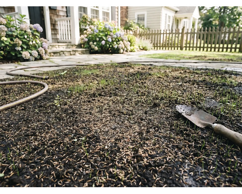 Vers ingezaaid graszaad op aarde met een handschepje en tuinslang in een tuin met een stenen pad en hortensia's.