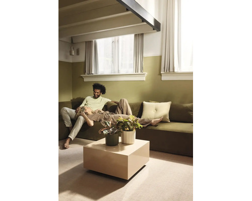 Woonkamer met olijfgroene muurverf en bijpassende bank, vierkante beige salontafel met kamerplanten en lichte gordijnen.