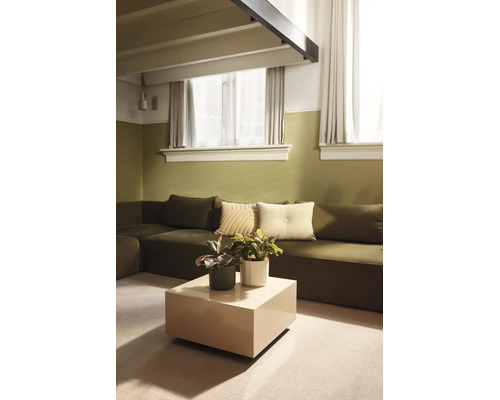 Moderne woonkamer met tweekleurige muren, een grote hoekbank, een vierkante bijzetafel en decoratieve kamerplanten.