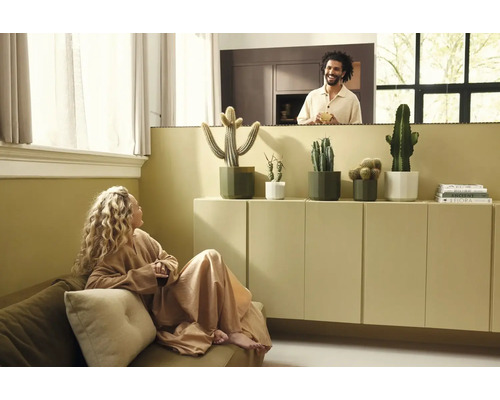 Moderne, lichte woonkamer met cactussen in plantenpotten op een dressoir, een vrouw op de bank en een man op de achtergrond.