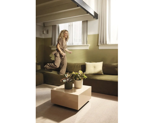 Moderne woonkamer met groene muren, modulaire bank, vierkante salontafel en kamerplanten. Een vrouw springt op de bank.