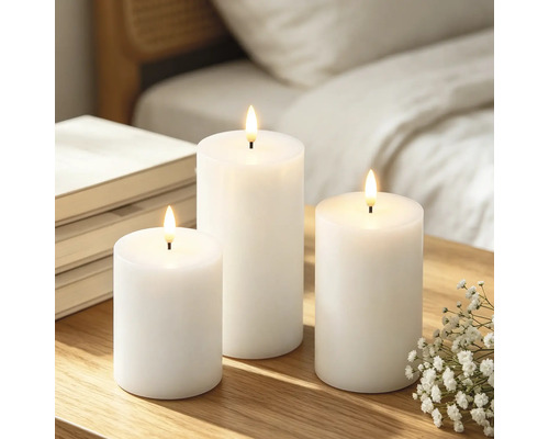 Drie witte LED-stompkaarsen van verschillende hoogtes op een houten tafel naast boeken en bloemen.
