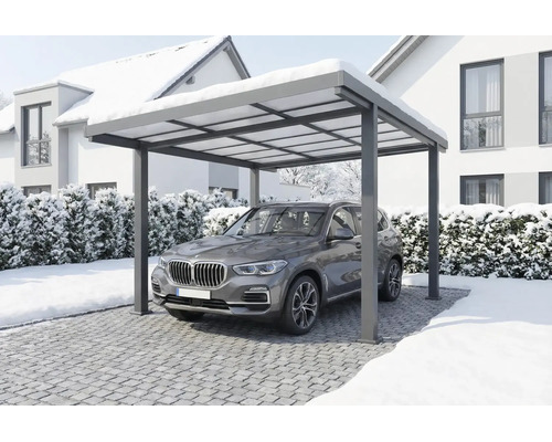 Moderne aluminium carport met een SUV eronder in een besneeuwd winterlandschap.