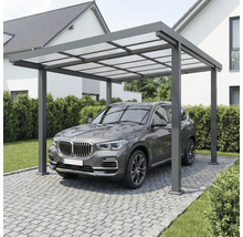 Moderne aluminium carport met lichtdoorlatend dak boven een voertuig op een geplaveide oprit bij een huis.