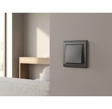 Antracietkleurige lichtschakelaar op een grijze muur in een modern ingerichte woonkamer met bank en houten tafel.