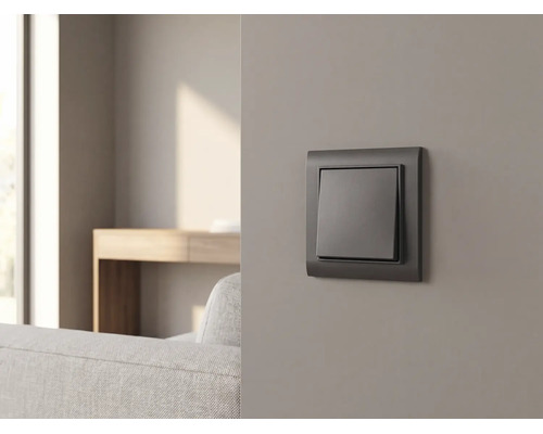 Antracietkleurige lichtschakelaar op een grijze muur in een modern ingerichte woonkamer met bank en houten tafel.