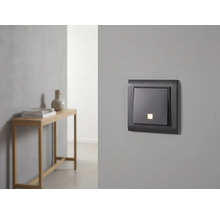 Moderne lichtschakelaar met controlelampje op een grijze muur in een minimalistische kamer.