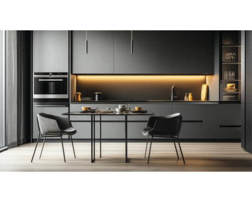 Moderne donkergrijze keuken met led-verlichting, zwarte eettafel en twee armstoelen op een lichte houten vloer.