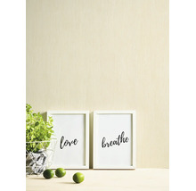 Lichtbeige behang met een fijne verticale structuur achter witte fotolijstjes en een groene plant.