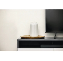 Geribbelde vaas op een houten bord naast een televisie op een modern dressoir.