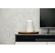 Lichtgrijs vliesbehang met betonlook textuur in een moderne woonkamer achter een tv-meubel met houten dienblad en witte vaas.