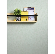 Gestructureerde wandafwerking met een houten wandplank, een plant en klemborden in een lichte en georganiseerde sfeer.
