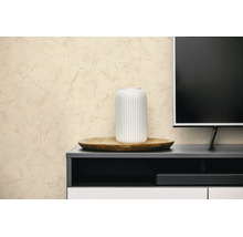 Beige wand met fijne structuur achter een modern tv-meubel met een witte vaas op een houten dienblad.