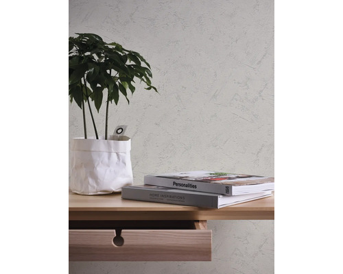 Licht ingerichte scène met gestructureerd behang in pleisterlook, een kamerplant en boeken op een houten bureau.
