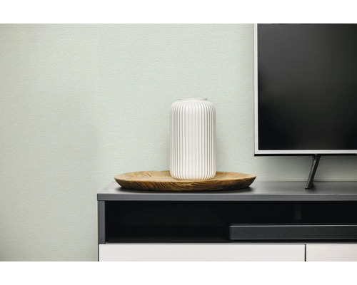 Vliesbehang met fijne structuur in lichtgroen op een muur achter een tv-meubel met vaas en houten schaal.