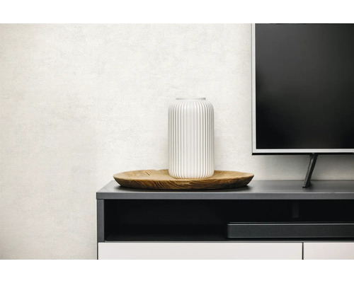 Woonkamer met wand met textuur, tv-meubel, houten decoratiebord en geribbelde vaas.