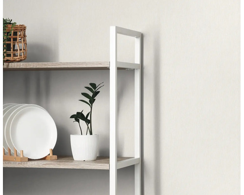 Detailweergave van een moderne stellingkast met wit metalen frame en lichte houten planken, ingericht met borden en een kamerplant.