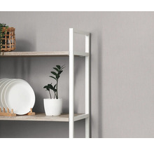 Open kast met wit metalen frame en lichte houten planken, gevuld met borden en een kleine plant.