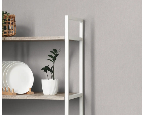 Open kast met wit metalen frame en lichte houten planken, gevuld met borden en een kleine plant.