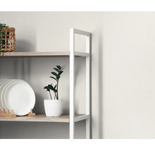 Detail van een modern opbergrek met een wit metalen frame en houten planken, met een bordenrek en een kleine kamerplant.