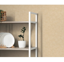 Modern open rek met houten planken en wit metalen frame, gedecoreerd met borden en een plant voor een beige behang met textuur.
