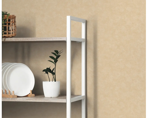 Modern open rek met houten planken en wit metalen frame, gedecoreerd met borden en een plant voor een beige behang met textuur.