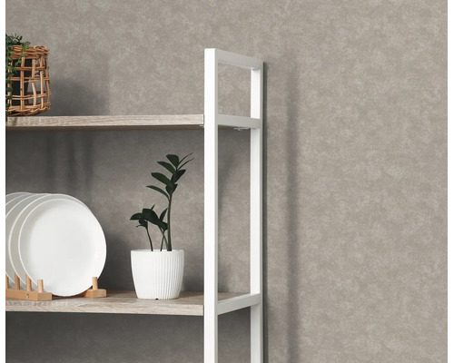 Gestructureerd vliesbehang met betonlook op een wand achter een georganiseerd wit rek met borden en een plant.