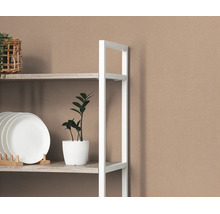 Wit metalen rek met houten planken voor een gestructureerd behang, gedecoreerd met borden en een kamerplant.