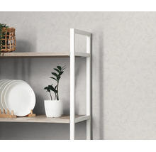 Gestructureerde wand met modern rek van hout en metaal, gedecoreerd met borden en een plant.