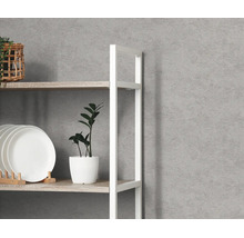 Gestructureerd vliesbehang met betonlook op een wand achter een stellingkast met houten planken en kamerplanten.
