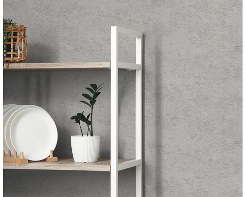 Gestructureerd vliesbehang met betonlook op een wand achter een stellingkast met houten planken en kamerplanten.